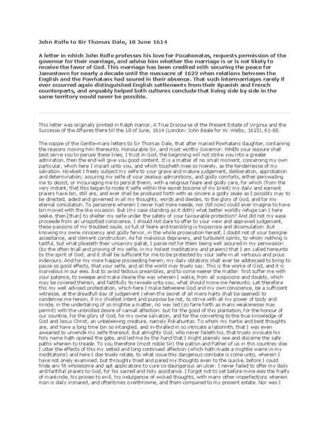 John Rolfe's 1614 Letter to Sir Thomas Dale: Love & Marriage Proposal