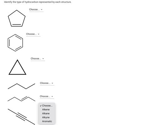 Identify the type of hydrocarbon represented by each structure.