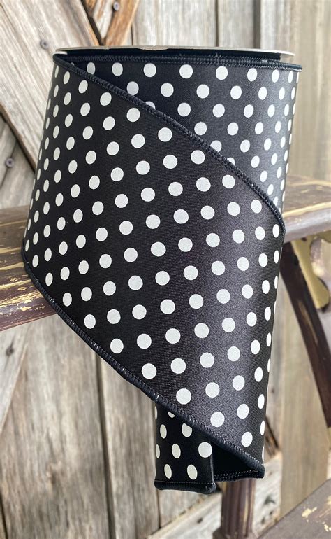 Wired Ribbon 4 Inch Ribbon Black Polkadot 10 Yards