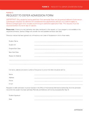 Request To Defer Admission Form Form D Studyatseneca Ca Fill And