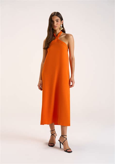 Vestido Zinco Midi Decote Amarração Com Cinto Laranja