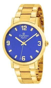 Relógio Champion Feminino Elegance Dourado Fundo Azul Relógio