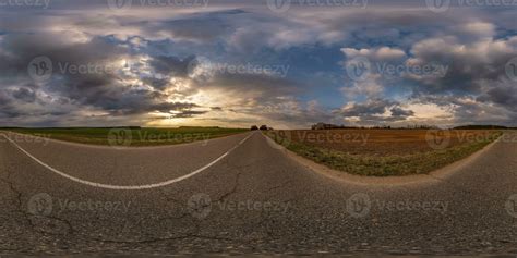 360 Hdri Panorama On Asphalt Road With Evening Clouds On Evening Sky In