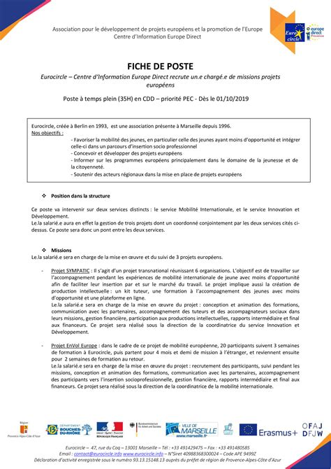 Fiche De Poste Charg De Mission Projets Europ Ens Eurocircle Pdf