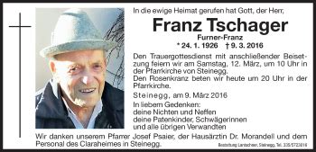 Traueranzeigen Von Franz Tschager Trauer Bz