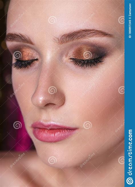 Close Up Portrait Of Attractive Young Model With Bright Make Up Stock