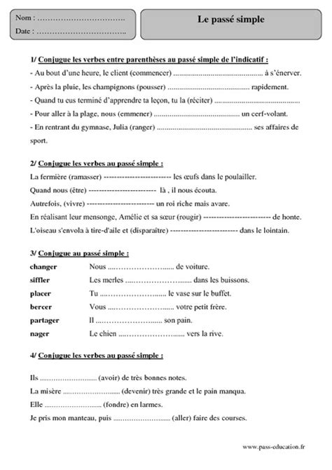 Passé simple Cm2 Exercices corrigés Conjugaison Français