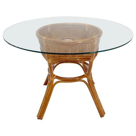 Bamboo Rattan Base Round Glass Top Dining Dinette Table For Sale At