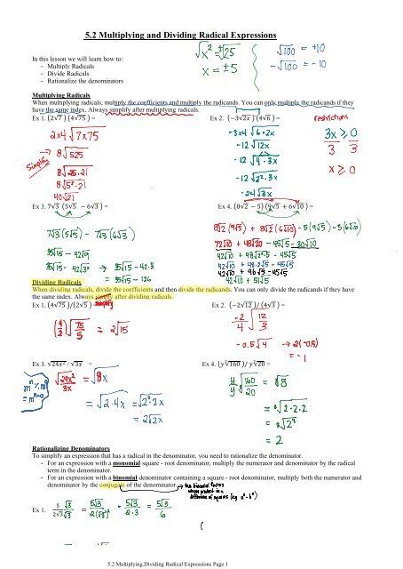 Multiplying And Dividing Radical Expressions Worksheets Library