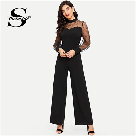 Sheinside Black Dot Mesh Sleeve Wide Leg Jumpsuit Women Spring Stand Collar Mid Waist Jumpsuits