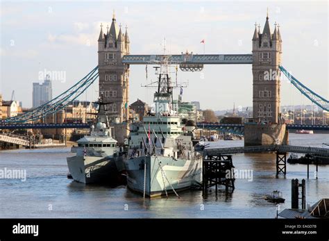 The Historic Warship Hms Belfast Moored In The River Thames London