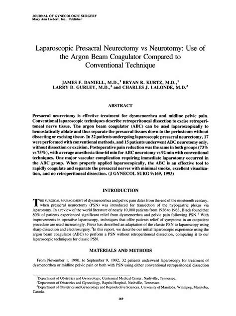 PDF Laparoscopic Presacral Neurectomy Vs Neurotomy Use Of The Argon