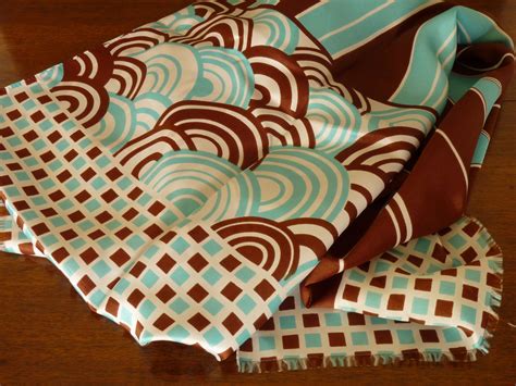 Vintage Lightweight Ladies' Scarf with Geometric Cyan and Brown Designs ...