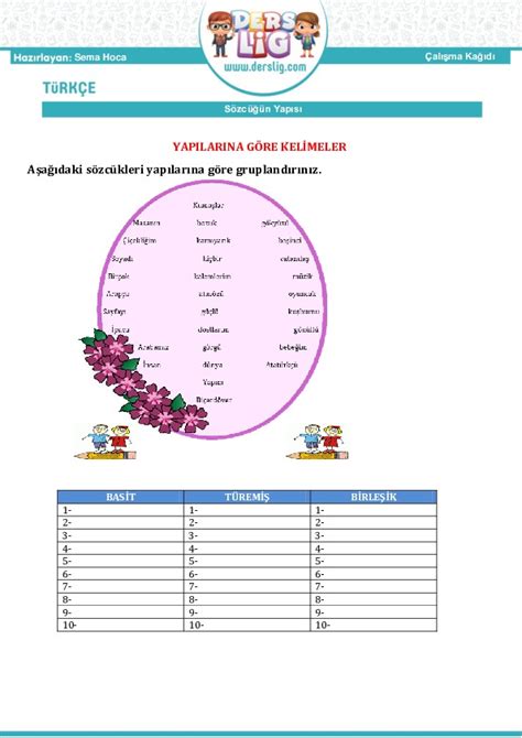 6 Sınıf Türkçe Sözcükte yapı Çalışma Kağıdı Derslig