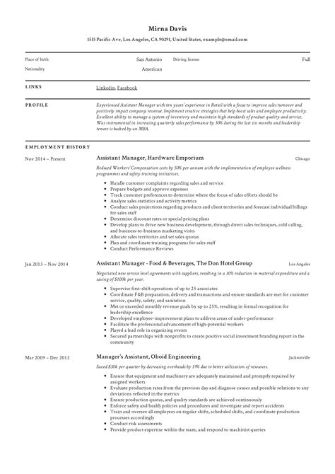 Assistant Manager Resume And Writing Guide 12 Samples Pdf 2019