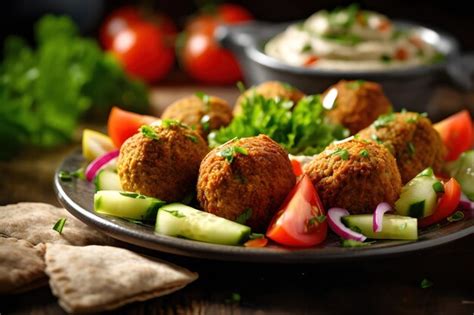 Premium Ai Image Falafel With Hummus Tahini Tomato And Cucumber Salad