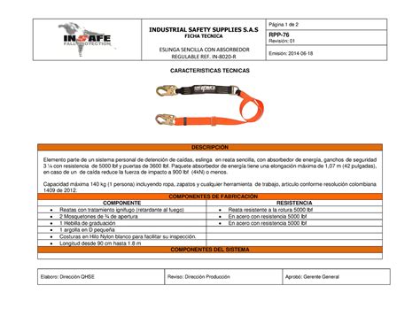 RPP 76 Ficha Tecnica Eslinga Sencilla CON Absorbedor Regulable IN 8020