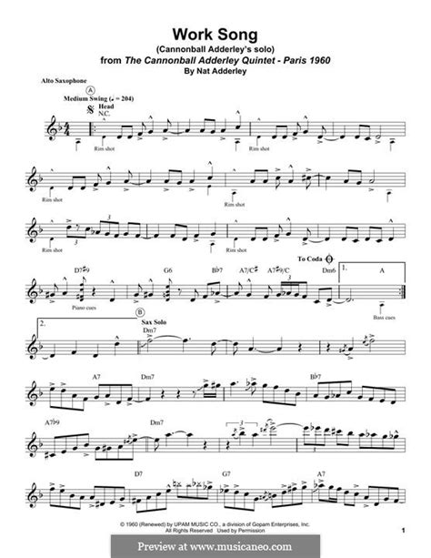 Work Song by J.C. Adderley - sheet music on MusicaNeo