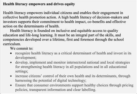 Health Literacy Focused Section Of The Shanghai Declaration On