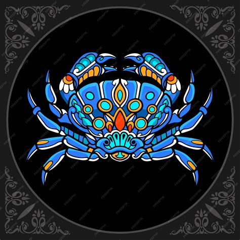 Colorful crab zentangle arts isolated on black background | Premium Vector