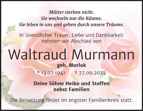 Traueranzeigen Von Waltraud Murmann Abschied Nehmen De