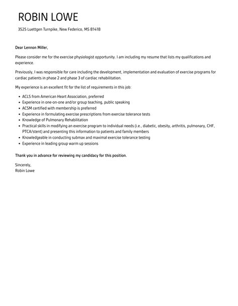 Exercise Physiologist Cover Letter Velvet Jobs