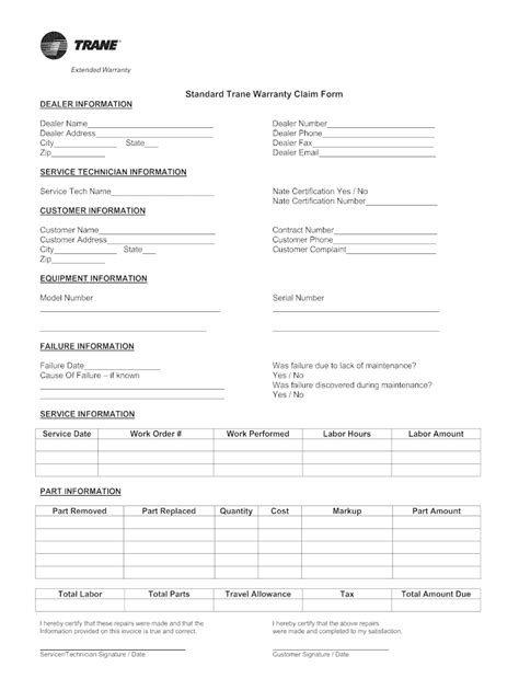 TRANE Standard Trane Warranty Claim Form - Fill and Sign Printable ...