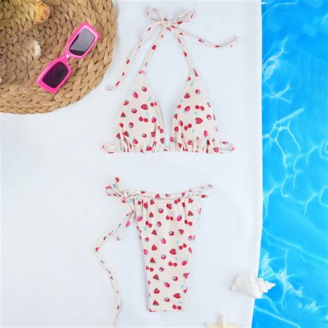 Strawberry Print Swimwear String Halter Triangle Micro Bikini Thong