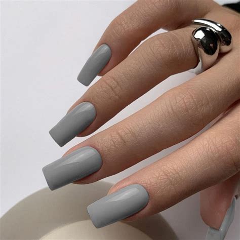 Amazon Gray Press On Nails Medium Long KXAMELIE Square Shaped Glue