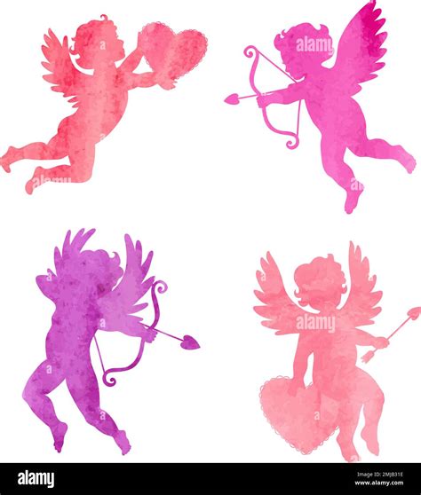 Set Of Watercolor Cupids Isolated On White Cute Angels Valentines Day