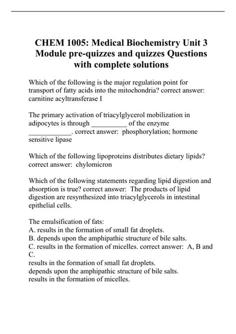 Chem Medical Biochemistry Unit Module Pre Quizzes And Quizzes