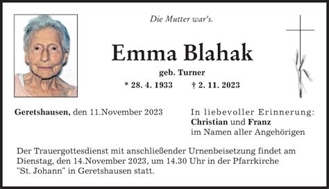 Traueranzeigen Von Emma Blahak Augsburger Allgemeine Zeitung