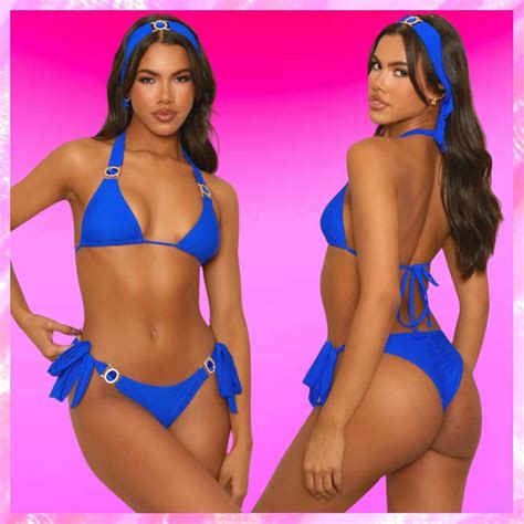 Rhinestone Halter Bikini Set In Blue Beach Babe Bikini