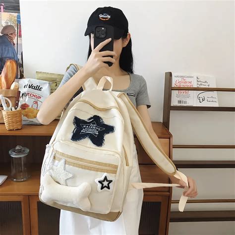 Y K Backpack Denim Star Pattern White School Bag Backpacks For Women