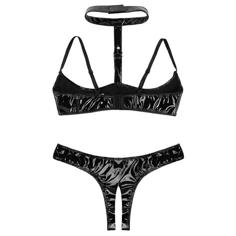Billionm Womens Wet Look Leather Crotchless Open Cup Exotic Lingerie Set Open Cups Shelf Bra Top