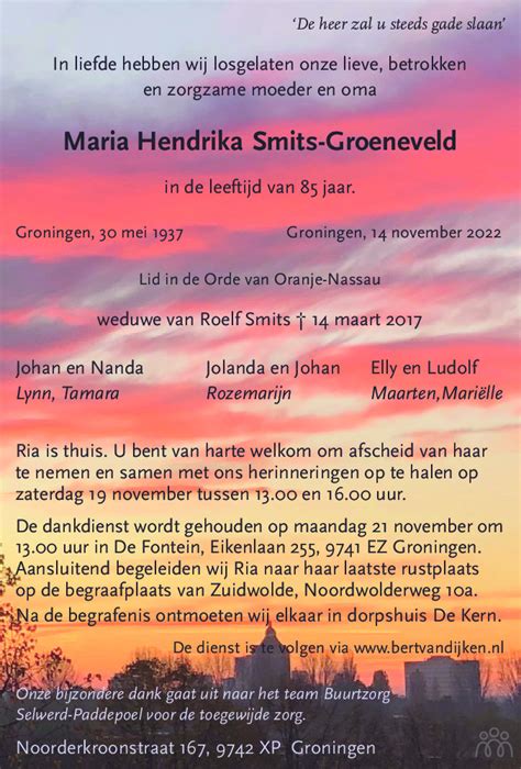 Maria Hendrika Ria Smits Groeneveld 14 11 2022 Overlijdensbericht En