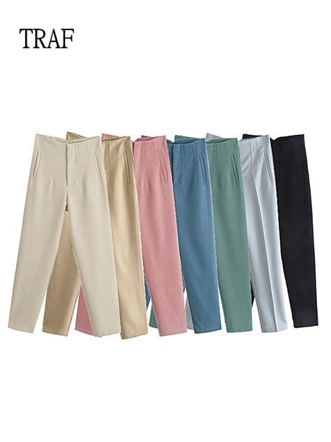 Traf Women Pants New Chic Pockets Straight Pants Lady Office High