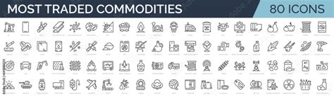 Set Of 80 Outline Icons Related To Most Traded Commodities Global