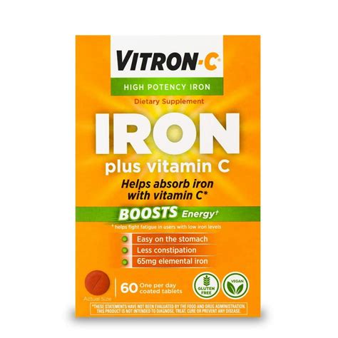 Vitron C High Potency Iron Supplement With Vitamin C Boosts Energy 60 Count 60 Count Pack Of