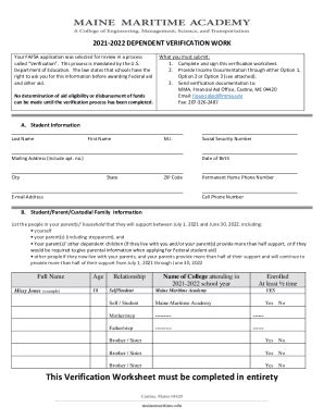 Fillable Online 2021 2022 Dependent Verification Worksheet Dependent