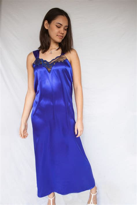 80s Vintage Sapphire Blue Satin Nightgown By Patricia Lingerie Large Xl 10 12 Romantic Sexy