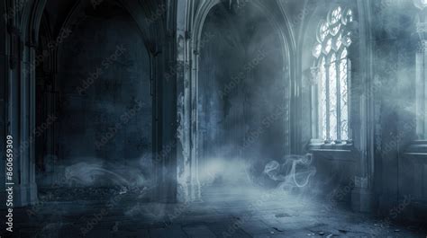 Misty, abandoned cathedral interior with gothic architecture Stock ...