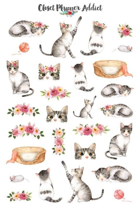 Cute Cat Clipart Kitten Sticker Pussycat Vector Kawaii Chibi Vintage