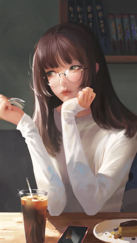 Anime Girl Glasses in Cafe 4K #4890i Wallpaper PC Desktop