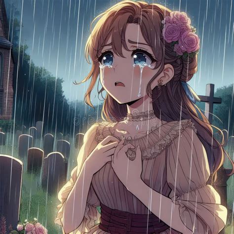 Anime Girl Crying in Rain at Nighttime Cemetery Stock Illustration ...