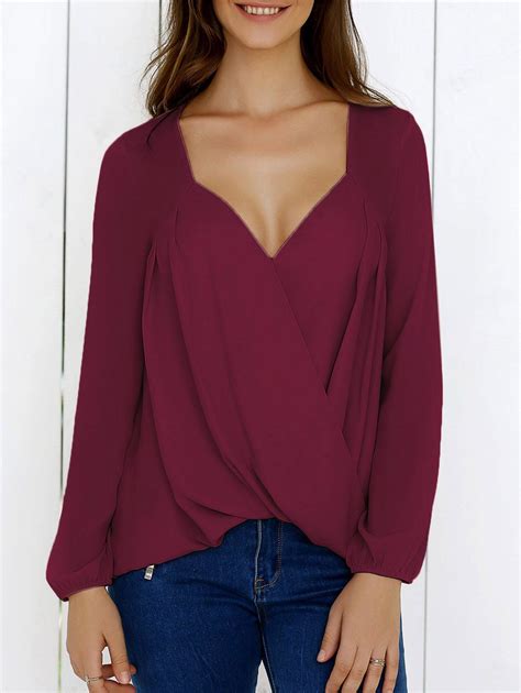 17 Off 2021 Surplice High Low Hem Chiffon Blouse In Wine Red Dresslily