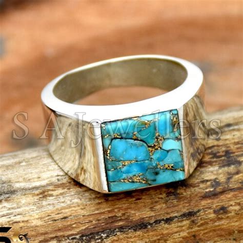 Blue Copper Turquoise Mens Ring Handmade Ring Sterling Etsy