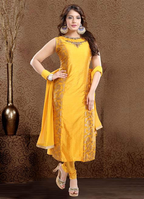 Buy Yellow Brocade Festival Wear Hand Work Readymade Churidar Suit