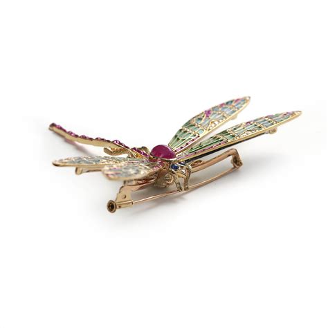 Modern Plique Jour Enamel Ruby Diamond Sapphire And Gold Dragonfly