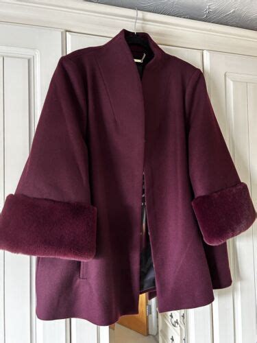 Ted Baker Burgundy Red Wool Faux Fur Trim Swing Coat Jacket 16 Ted Size